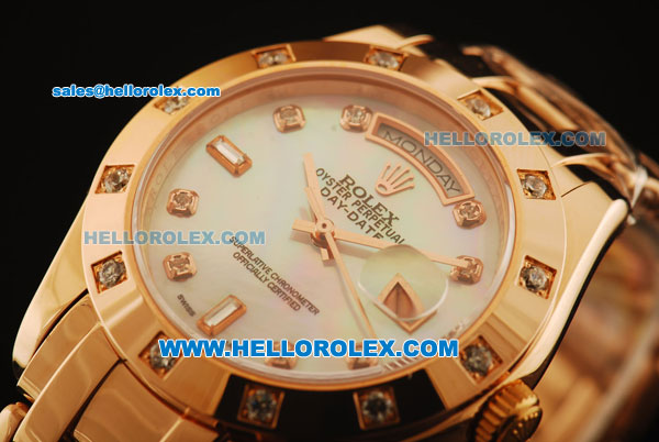 Rolex Day Date Oyster Perpetual Swiss ETA 2836 Automatic Movement Rose Glod Case with Diamond Bezel and Diamond Markers-Rose Gold Strap - Click Image to Close